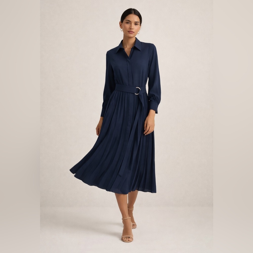 NWT Michael Kors | Navy Pleated Shirt Dress Belted Long Sleeve Capsule Wardrobe - Picture 2 of 10